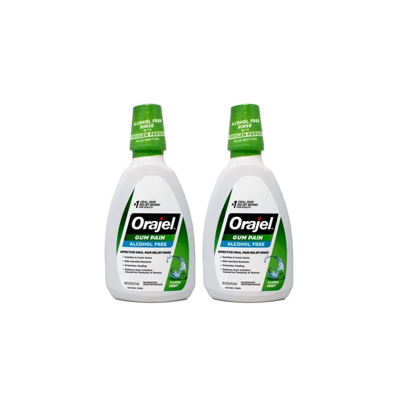 Orajel 2X Medicated Gum Pain Rinse, Alcohol-Free Oral Pain Relief, Soothing Mint, 16 fl oz Pack of 2