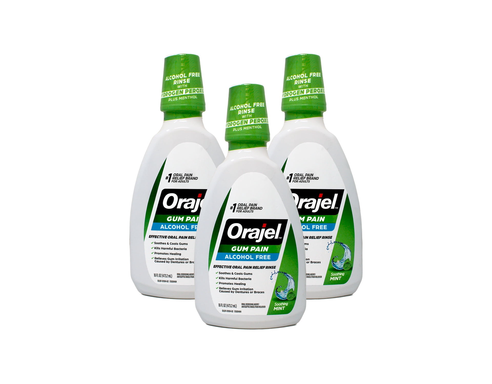 Orajel 2X Medicated Gum Pain Rinse, Alcohol-Free Oral Pain Relief, Soothing Mint, 16 fl oz Pack of 3