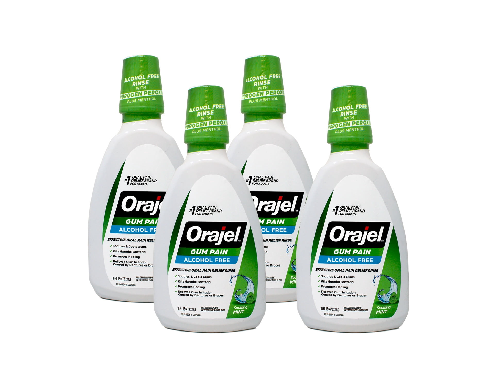 Orajel 2X Medicated Gum Pain Rinse, Alcohol-Free Oral Pain Relief, Soothing Mint, 16 fl oz Pack of 4