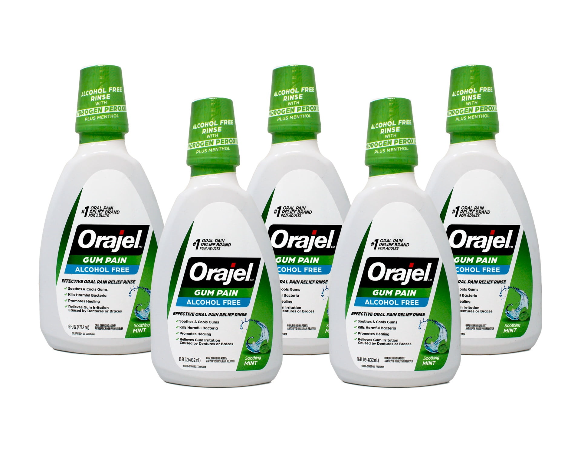 Orajel 2X Medicated Gum Pain Rinse, Alcohol-Free Oral Pain Relief, Soothing Mint, 16 fl oz Pack of 5