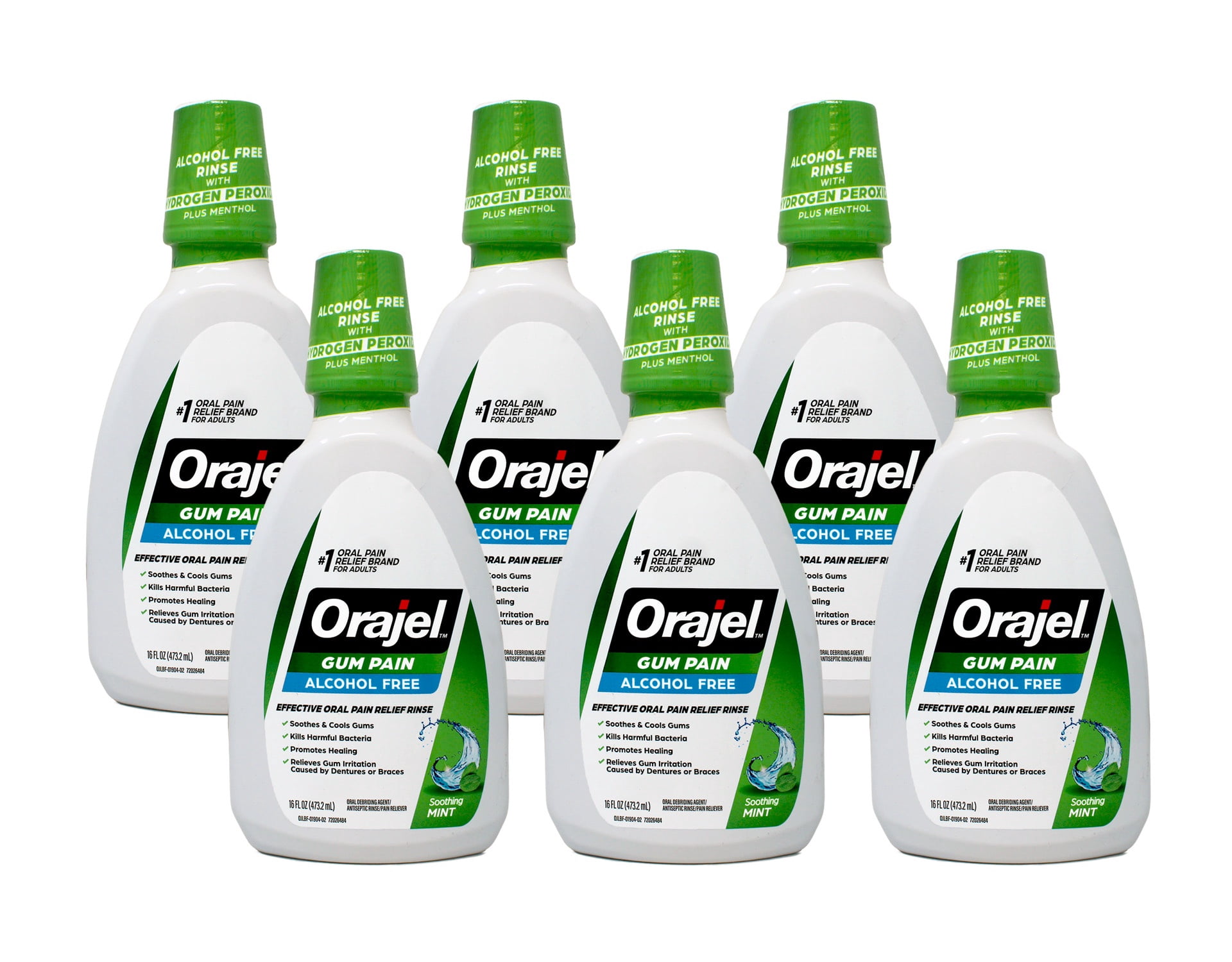 Orajel 2X Medicated Gum Pain Rinse, Alcohol-Free Oral Pain Relief, Soothing Mint, 16 fl oz Pack of 6
