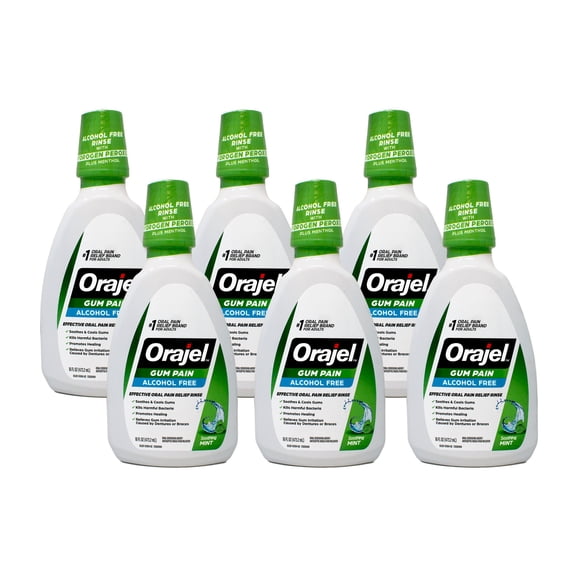Orajel 2X Medicated Gum Pain Rinse, Alcohol-Free Oral Pain Relief, Soothing Mint, 16 fl oz Pack of 6