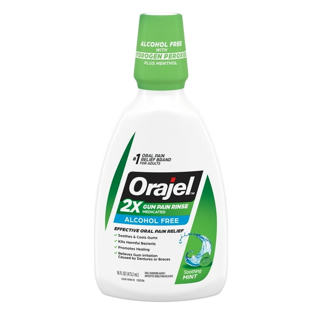 Orajel 2X Medicated Gum Pain Rinse, Oral Pain Relief, Alcohol Free