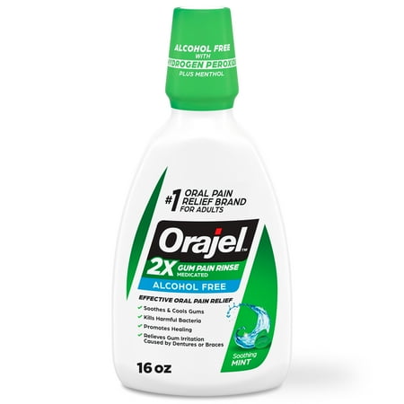 Orajel 2X Medicated Gum Pain Rinse, Oral Pain Relief, Alcohol Free, Soothing Mint, 16 fl oz