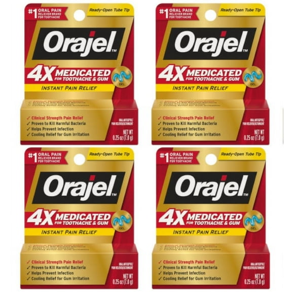 Orajel 4X Medicated For Toothache & Gum Relief, Cooling Gel, 0.25 oz (Pack of 4)