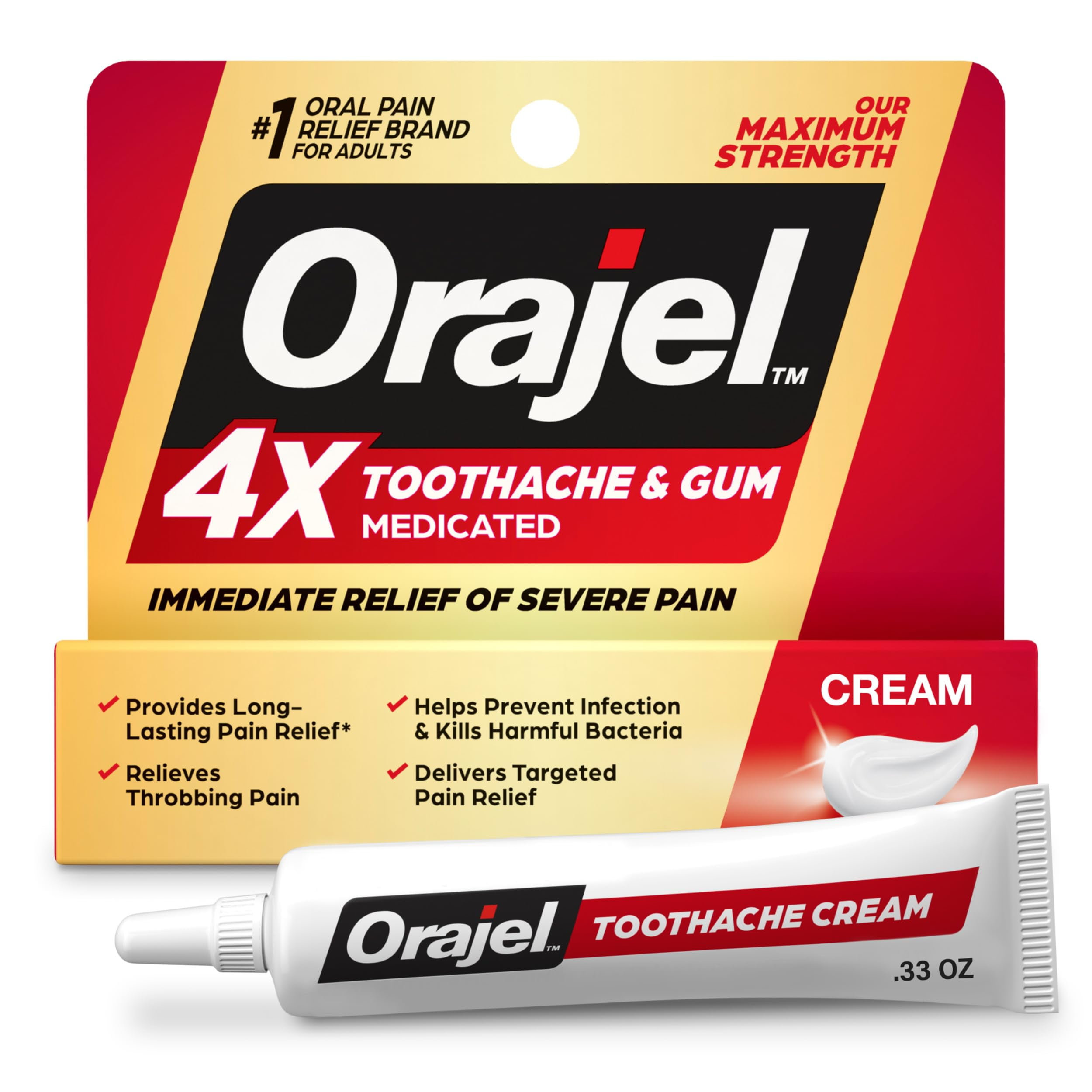 Orajel 4X for Toothache DHF10& Gum Pain: Severe Cream Tube 0.33oz- From Oral Pain Relief Brand