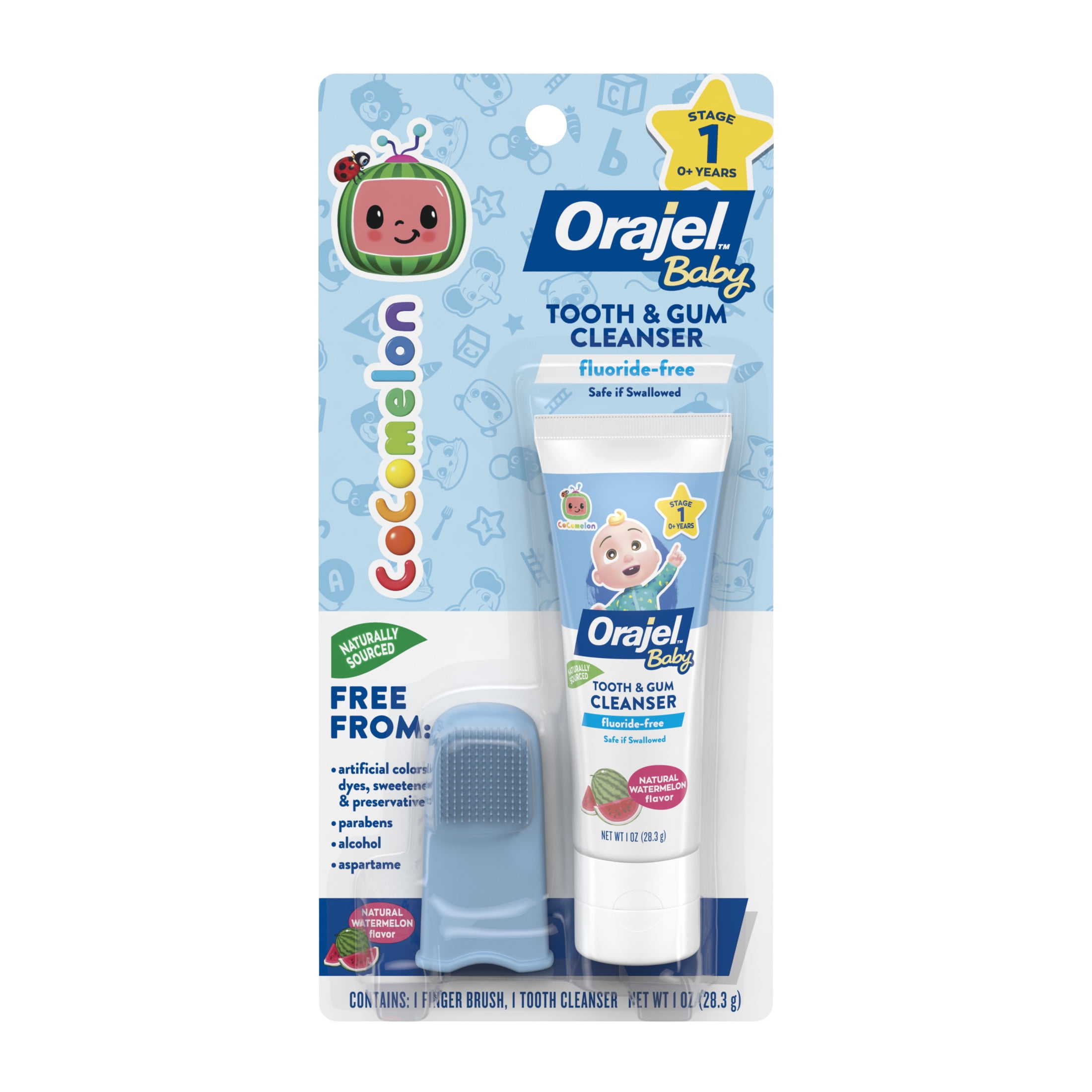 Orajel Baby CoComelon Fluoride-Free Toothpaste Watermelon Flavor, 1oz, and Soft Finger Brush