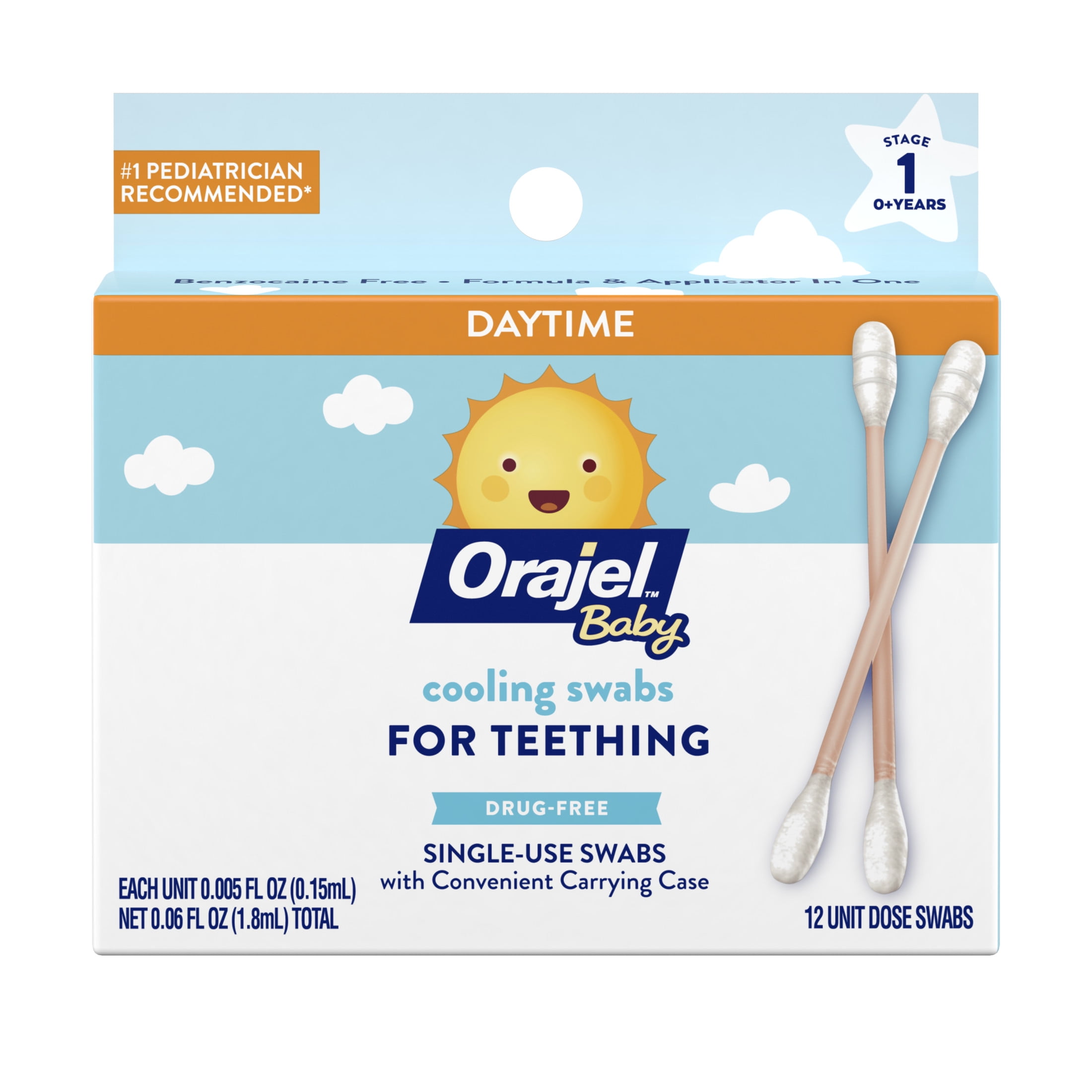 Orajel Baby Teething Cooling Swabs, for Relief of Painful Swollen Gums, Drug-Free, 12 Swabs in Case