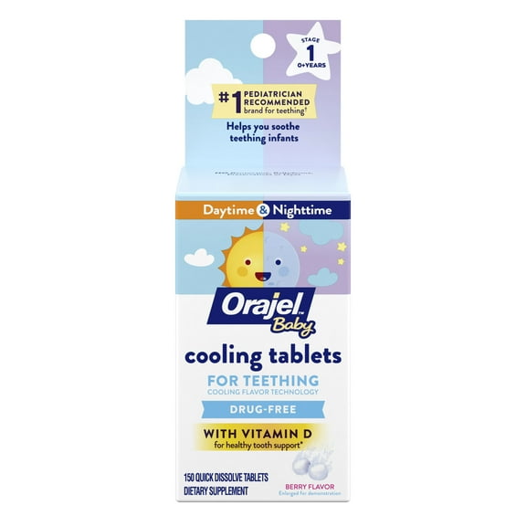 Orajel Baby Cooling Tablets for Teething with Vitamin D, Relief for Painful Swollen Gums, 150 Quick Dissolve Tablets
