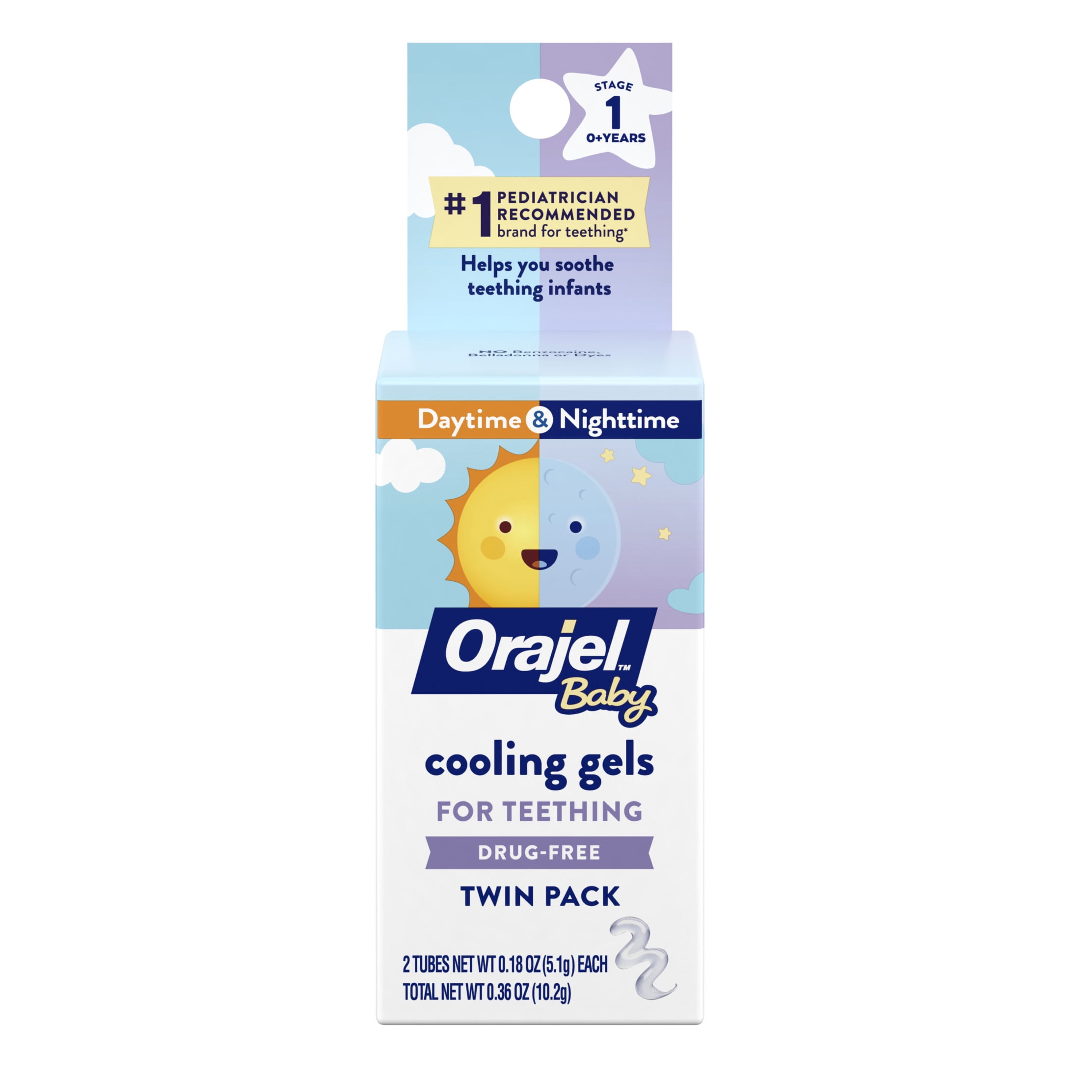 Orajel Baby Teething Cooling Gels, Drug-Free Relief for Painful Gums, Day & Night, 0.18 oz, 2 Ct