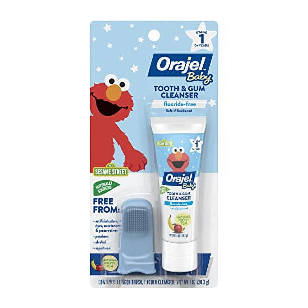Orajel Baby Elmo Tooth & Gum Cleanser Fluoride-Free, 1 Finger brush, 1 Toothpaste 1oz; #1 Pediatrician Recommended Fluoride-Free Toothpaste*