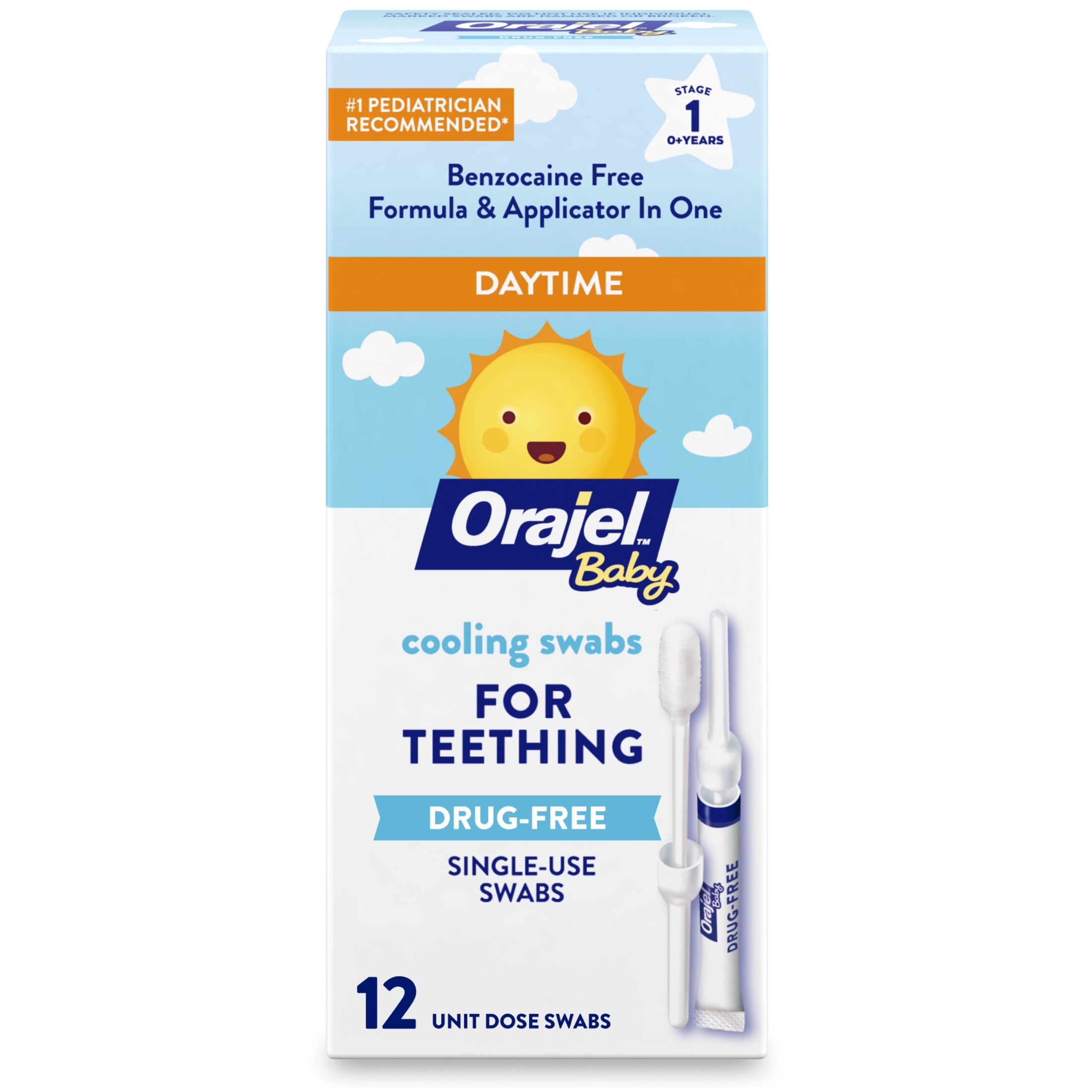 Orajel Baby Teething Cooling Swabs, Daytime, for Relief of Painful Swollen Gums, Drug-Free, 12 Swabs