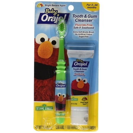 Orajel Elmo Fluoride-Free Tooth & Gum Cleanser 1.0 oz. with Toothbrush, Banana Apple, 1 oz.