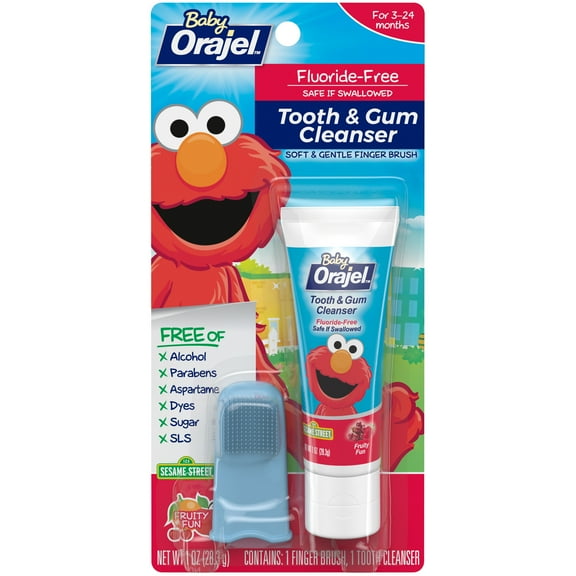 Orajel Elmo Fluoride-Free Tooth & Gum Cleanser with Finger Brush, Combo Pack, Fruity Fun Flavored Non-Fluoride, 1.0 oz.