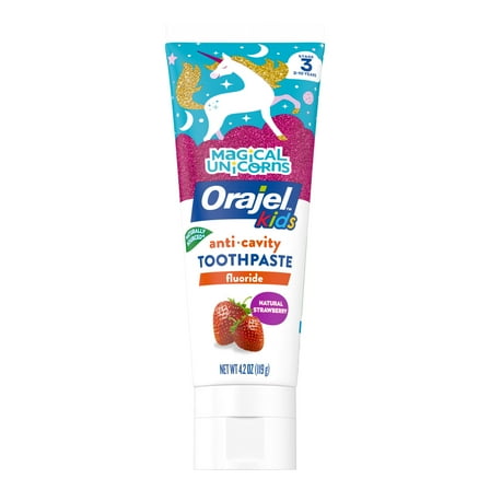 Orajel Kids Magical Unicorns Anti-Cavity Fluoride Toothpaste, Natural Very Berry Strawberry Flavor, 4.2oz Tube