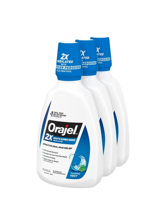 Orajel Nonseptic Mouth Sore Rinse 16oz, Soothing Mint Flavor, Provides Pain Relief, Promotes Healing, 3-Pack