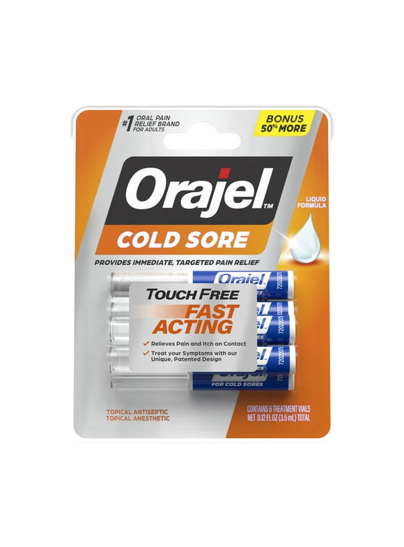 Orajel Touch Free Cold Sore Treatment .12oz, Liquid Formula, Provides Immediate & Targeted Pain Relief, Bonus Size, 6 Applicators