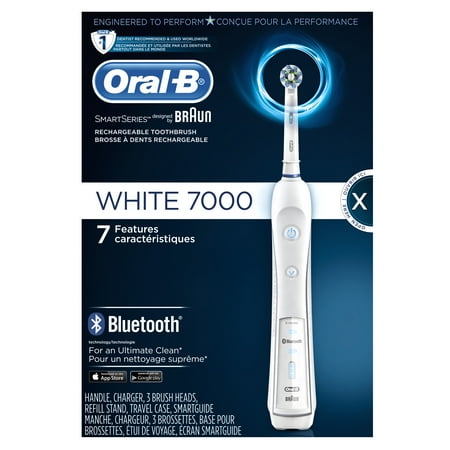 Oral-B 7000 SmartSeries Rechargeable Power Toothbrush with 3 Replacement Brush Heads, Bluetooth Connectivity and Travel Case, White, Powered by Braun