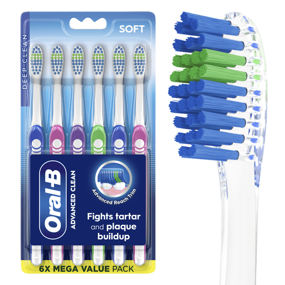 Oral-B Toothbrush Pack, Advanced Clean Toothbrush, Color-Changing Bristles, Soft, 6 Count