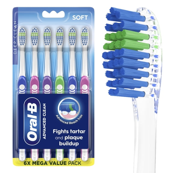 Oral-B Toothbrush, Toothbrush Pack, Advanced Clean Toothbrush, Color-Changing Bristles, Soft, 6 Count
