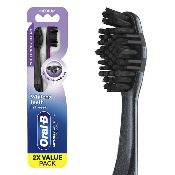 Oral-B Toothbrush Pack, 3D White Charcoal Toothbrush, Medium Bristles, 2 Count