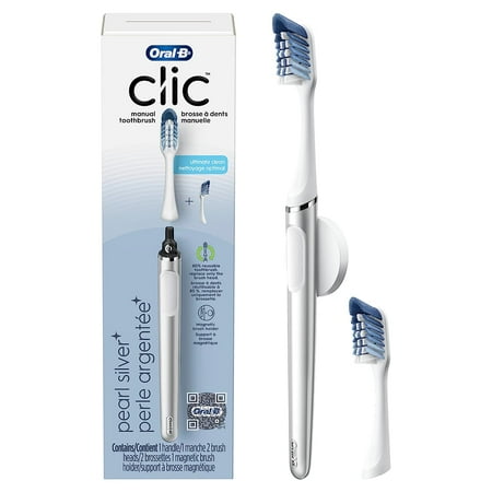 Oral-B Clic Toothbrush, Chrome White, with 1 Bonus Replacement Brush Head and Magnetic Toothbrush Holder