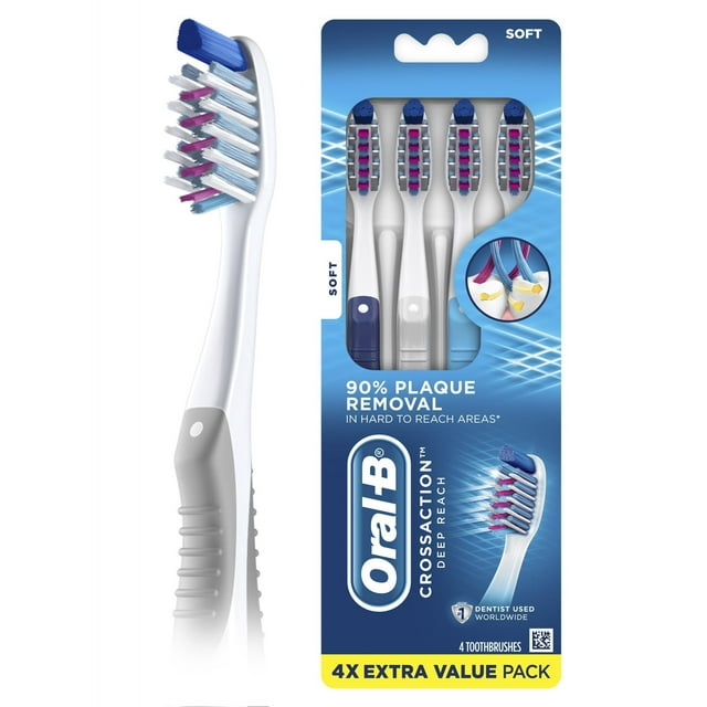 Oral-B CrossAction Deep Reach Manual Toothbrush, Soft, 4 Count,  for Adults and Children 3+