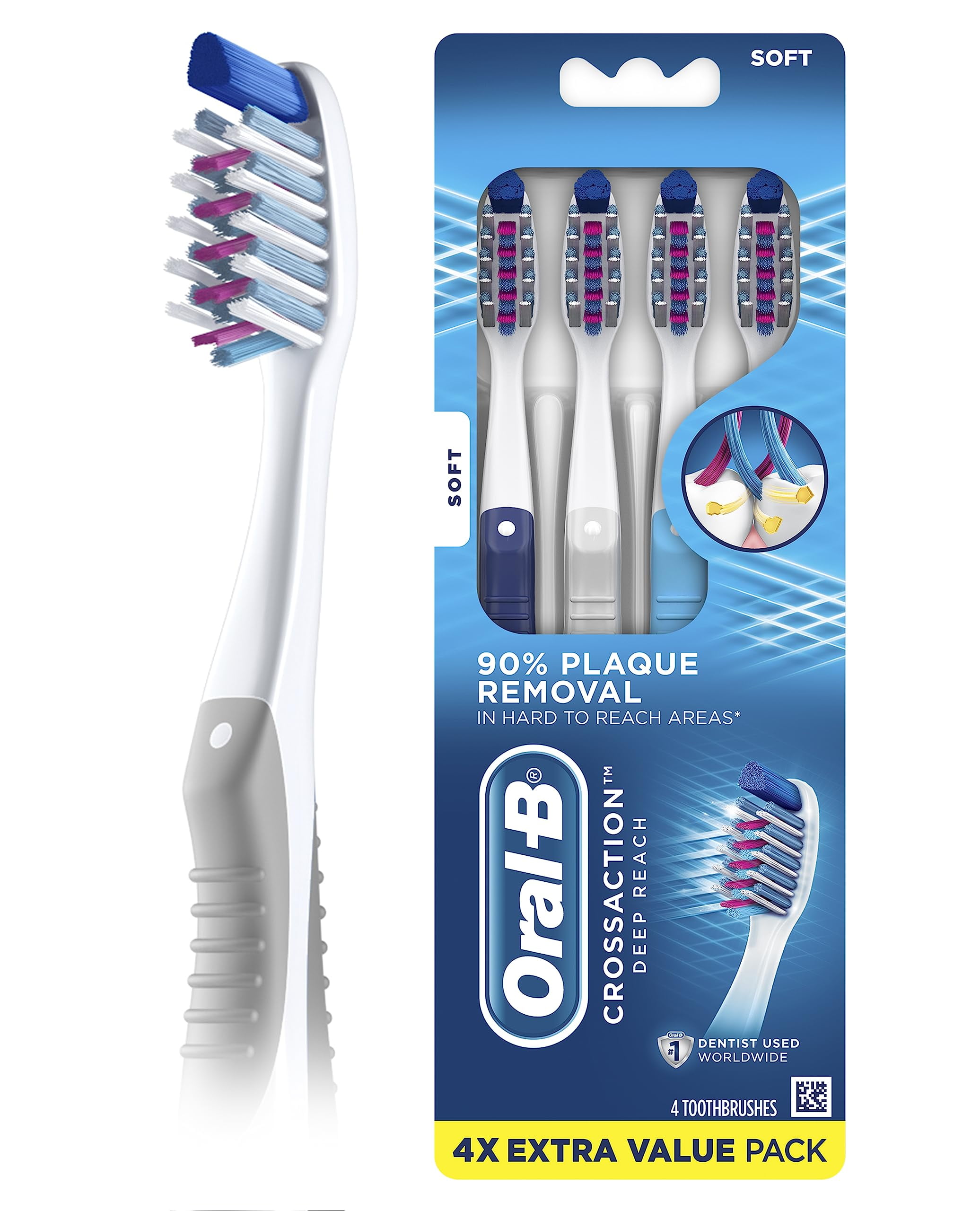 OralB Crossaction Deep Reach Toothbrushes, Soft, 4 Count