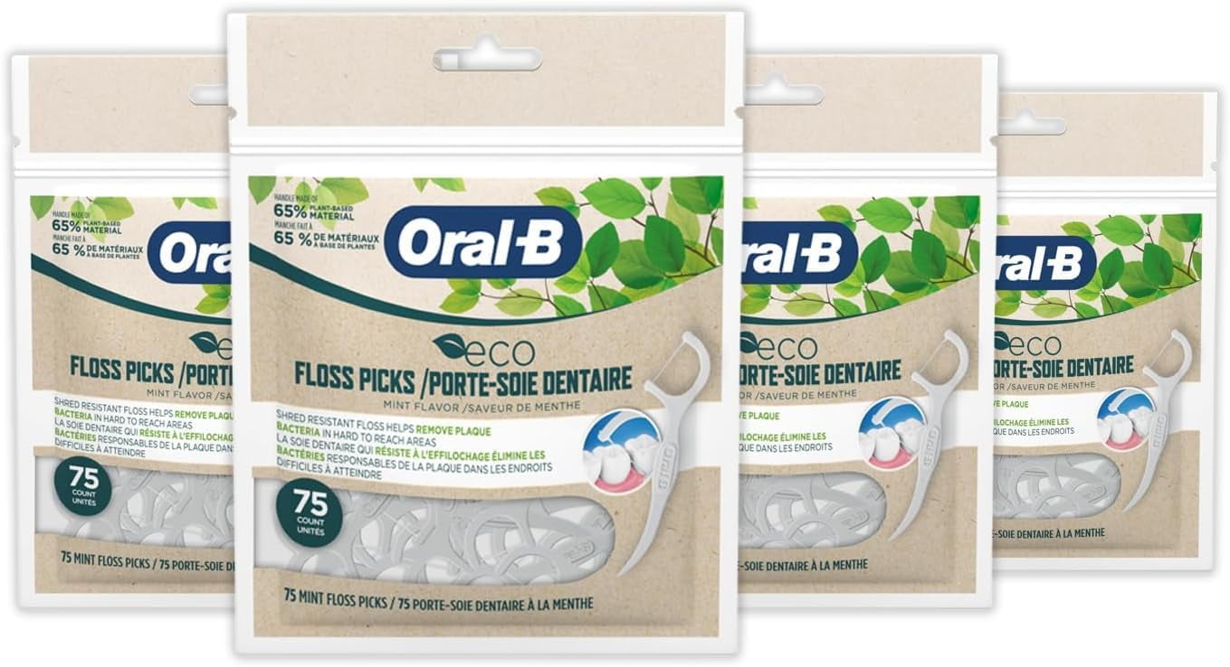 OralB Eco Sustainable Dental Floss Picks Mint 75 Picks (Pack of 4) Dental Pick Flossers for