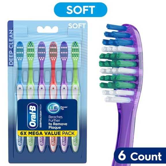 Oral-B Toothbrush Pack, Essential Clean Manual Toothbrushes, Soft Bristles, 6 Count