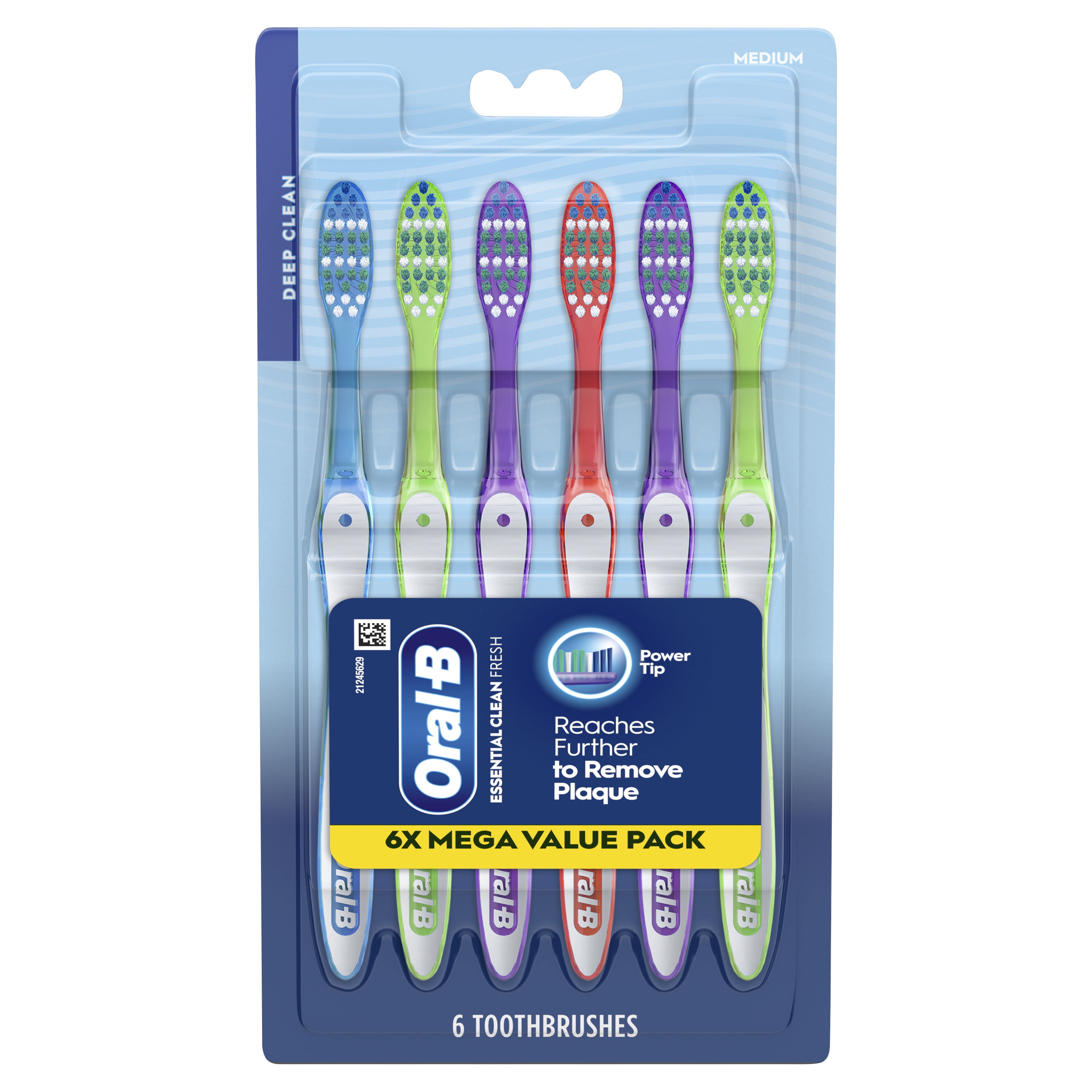 Oral-B Essential Clean Toothbrush, Medium, Gentle On Gums & Teeth, 6 Count for Adults and Children 3+