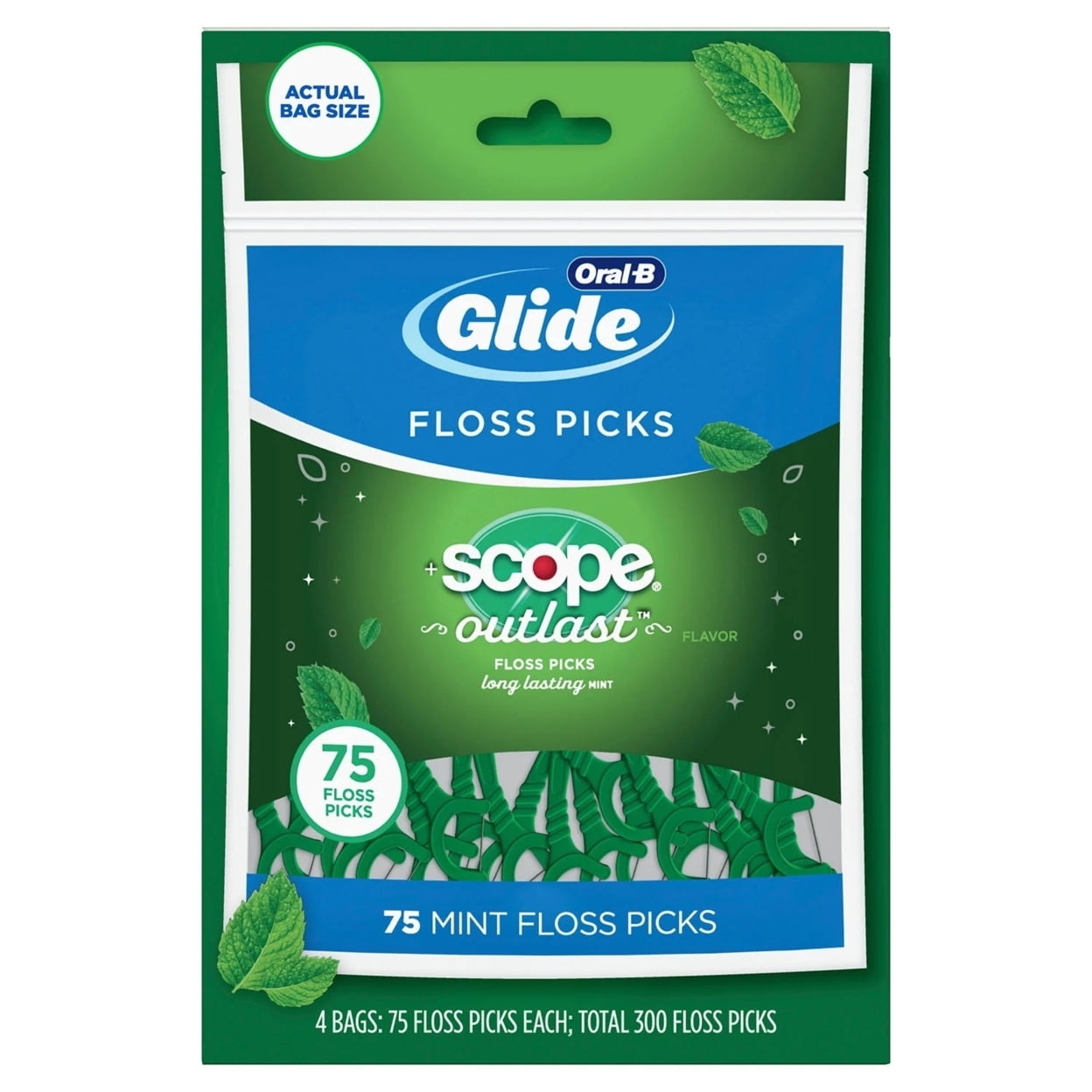 OralB Glide Floss Picks, Scope Outlast. 75 Count/Pack, 4 Packs (300