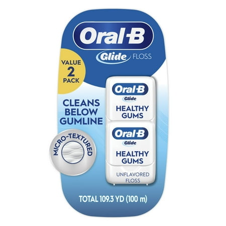 Oral-B Glide Healthy Gums Unflavored Dental Floss, Smooth, Strong, Shred Resistant, Value 2 Pack (50m Each)