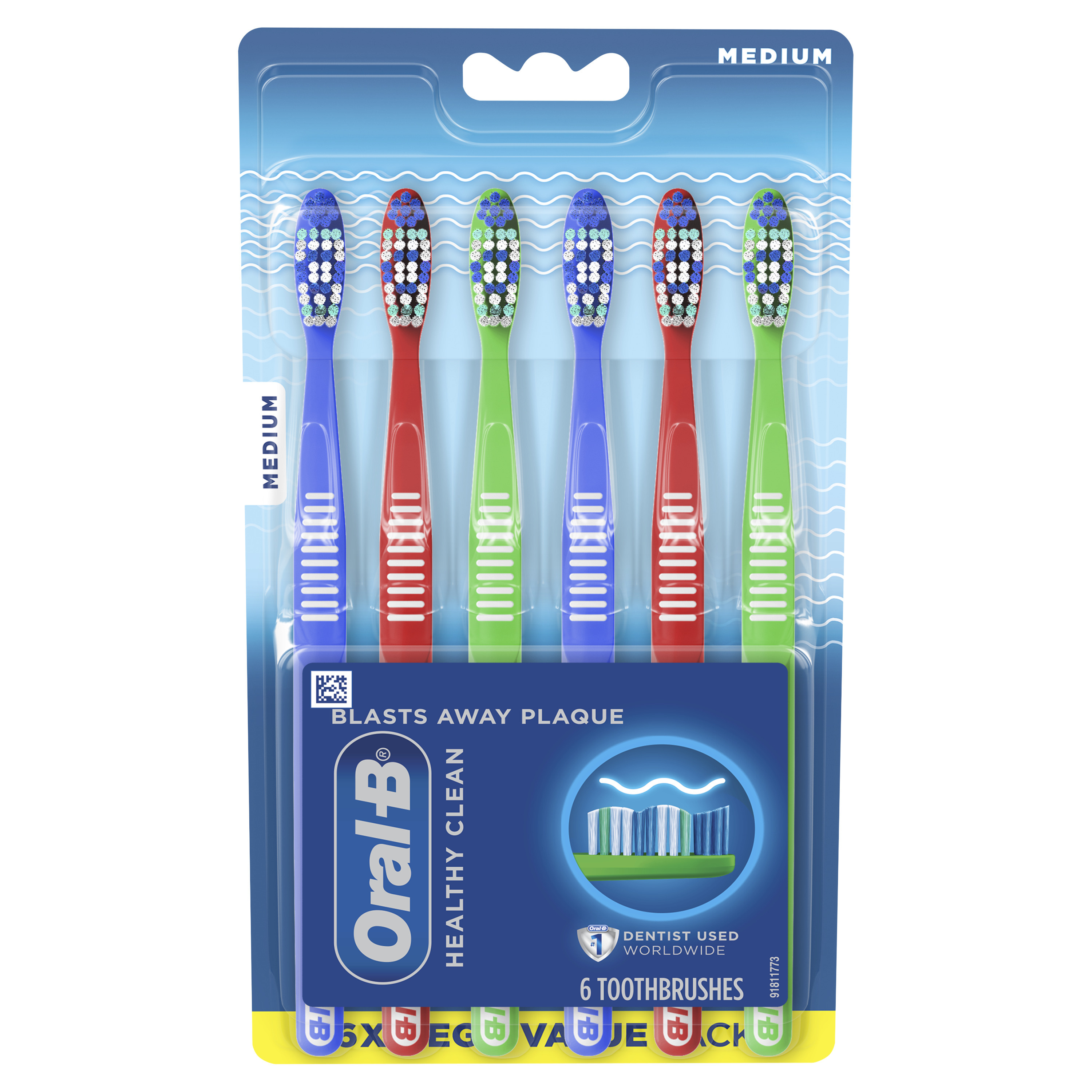 Oral-B Healthy Clean Manual Toothbrush, Medium, Various Colors, 6 Ct - image 1 of 7
