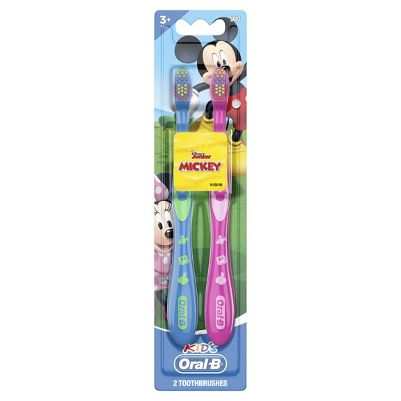 Oral-B Kid's Toothbrush, Disney's Mickey and Minnie Sparkle Fun, Soft Bristle, 2 Count
