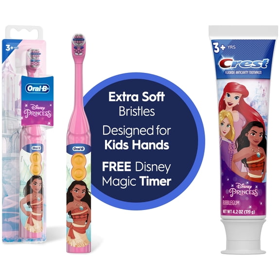Oral-B Moana Battery Toothbrush and Crest Disney Princess Toothpaste Bundle