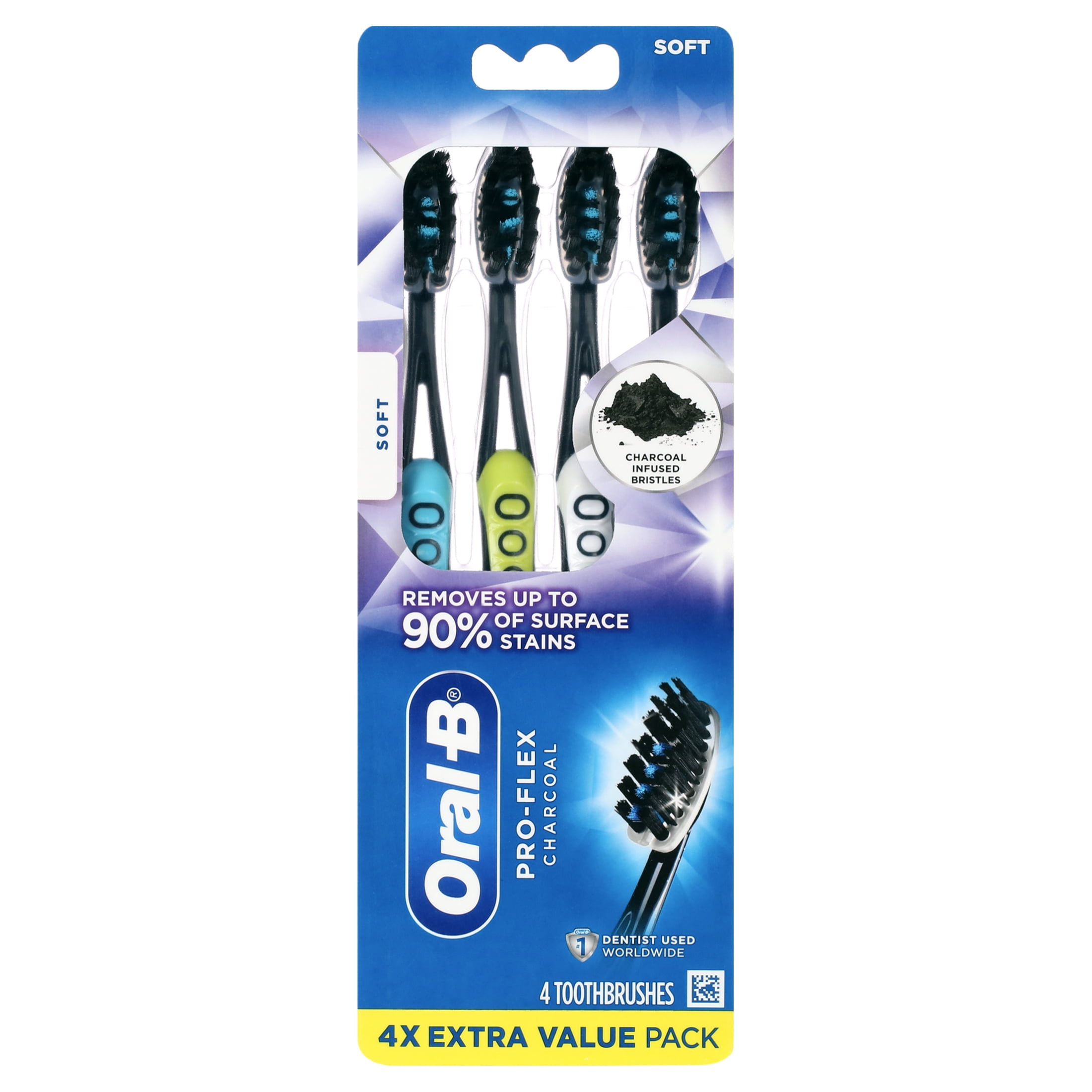 OralB ProFlex Charcoal Manual Toothbrush, Soft, 4 Count, for Adults