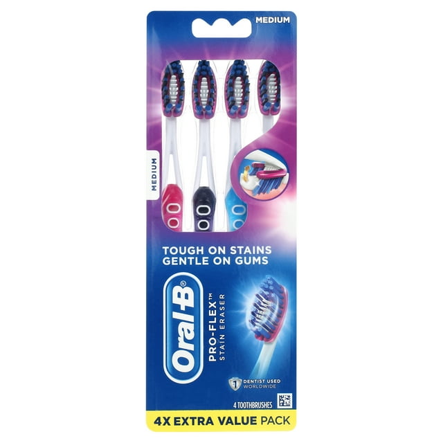 OralB ProFlex Stain Eraser Manual Toothbrush, Medium, 4 Count for