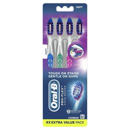Oral-B Pro-Flex Stain Eraser Manual Toothbrush, Soft, 4 Ct, for Adults and Children 6+