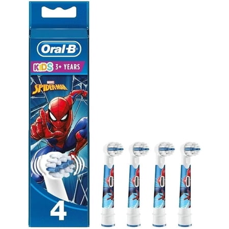 Oral-B Pro Kids Electric Toothbrush Head, with Spiderman Characters, Extra Soft Bristles, for Ages 3+, Pack of 4 Toothbrush Heads, White