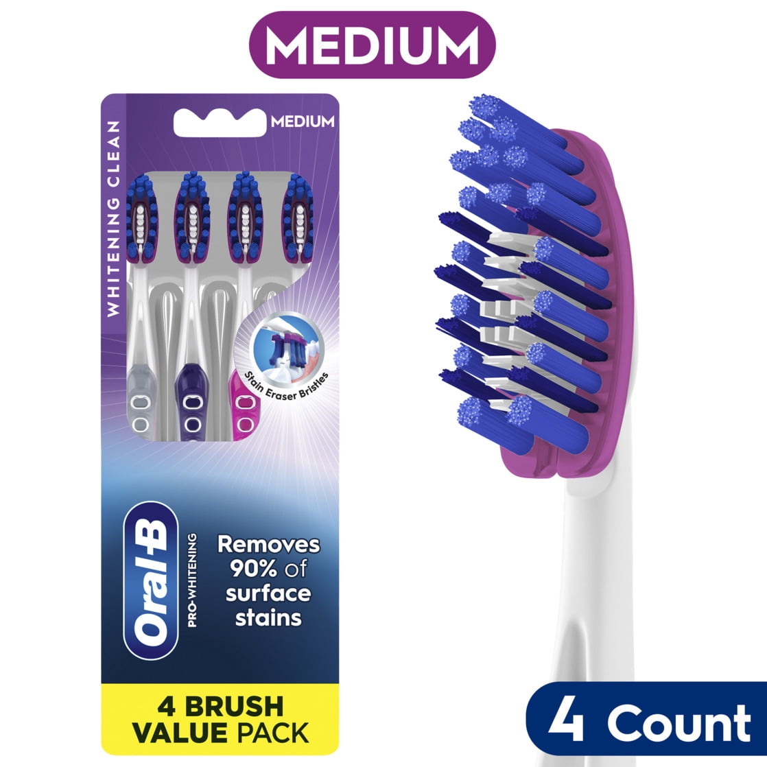 Oral-B Pro Whitening Manual Toothbrush Pack, Medium Bristles, 4 Count, for Adults & Children 6+