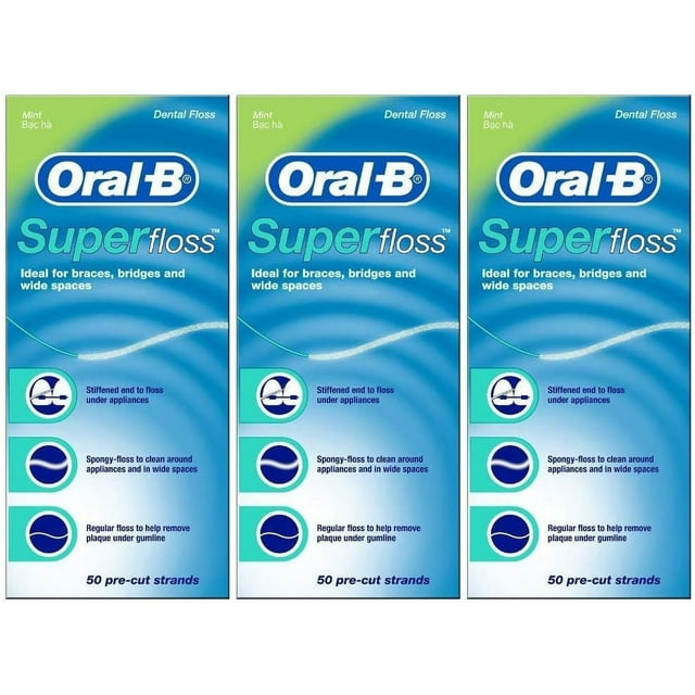 Oral-B Super Floss, 50 Pre-Cut Strands, Mint (Pack of 3)