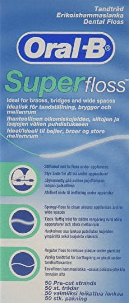  Oral-B Dental Floss for Braces, Super Floss Pre-Cut Strands,  Mint, 50 Count, Pack of 2 : Health & Household