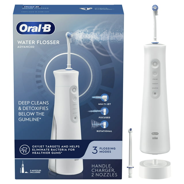 Oral-B Water Flosser Advanced, Portable Oral Irrigator Handle with 2 Nozzles, White