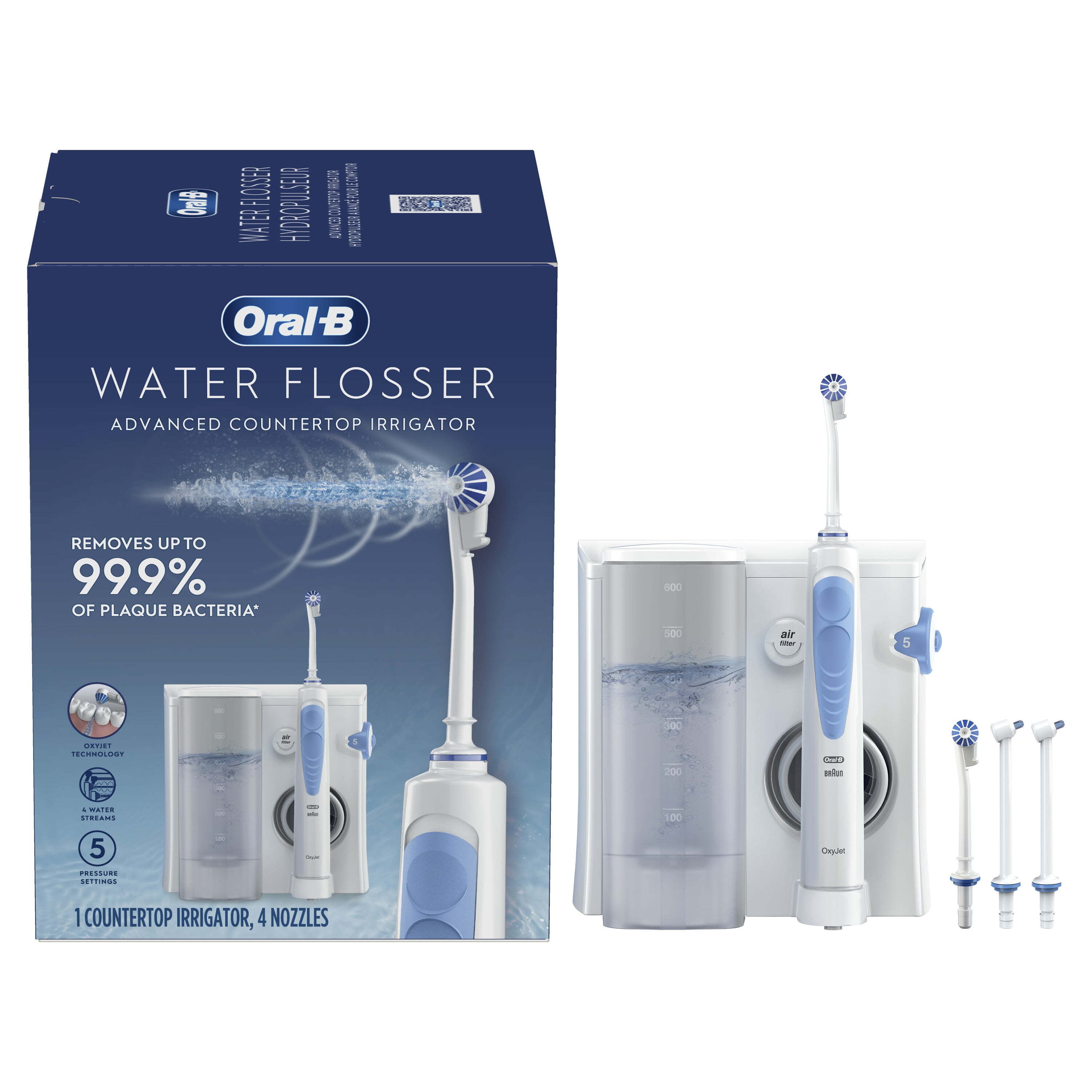 Oral-B Water Flosser, Oral Irrigator Handle with 4 Nozzles, White & Light Blue