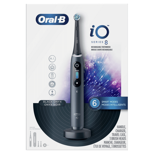 Oral-B iO Series 8 Electric Toothbrush with 3 Brush Heads, Black Onyx, for Adults & Children 3+