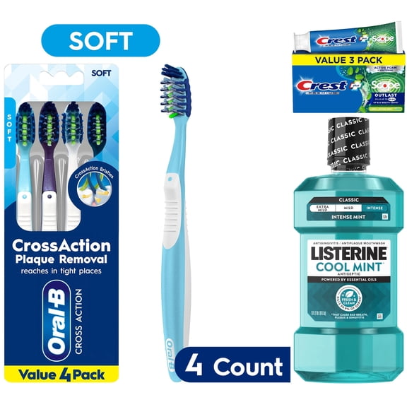 Oral Care Essentials Bundle: Oral-B CrossAction Toothbrushes, Crest Scope Outlast Toothpaste 3-Pack & Listerine Cool Mint Mouthwash