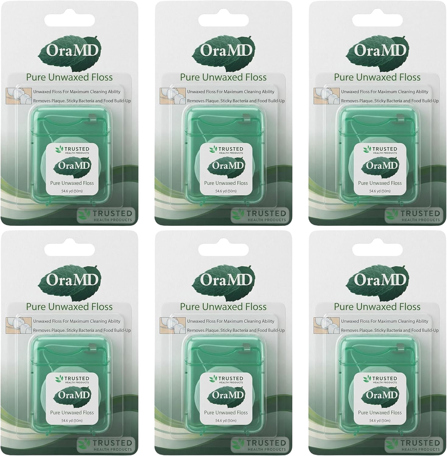 Oral Care Pure Unwaxed Dental Floss 54.6 Yards - PFAS-Free, Chemical Free, Shred Resistant - Unscented and Ultraclean Plaque Removal - Teeth and Protection for Adults - Pack of 6