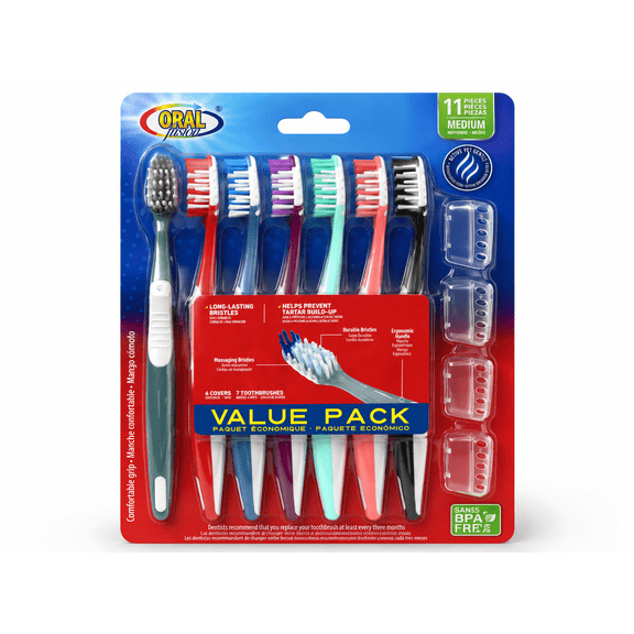 Oral Fusion Manual Toothbrushes with Hygienic Covers, Medium Bristles, Assorted Colors, 7 Count Brushes + 4 Covers