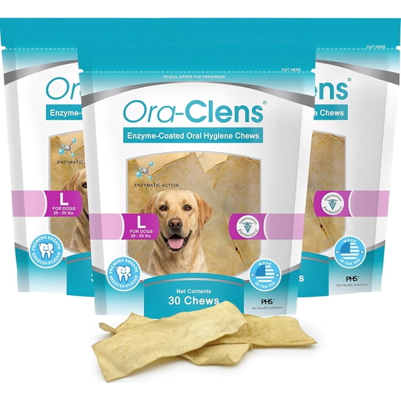 Oral Hygiene Chews for Large Dogs Enzymatic Dental Treats for Daily Oral Care, Helps Clean Teeth & Freshen Breath, Supports Plaque & Tartar Control 30 Chews (3 Pack)